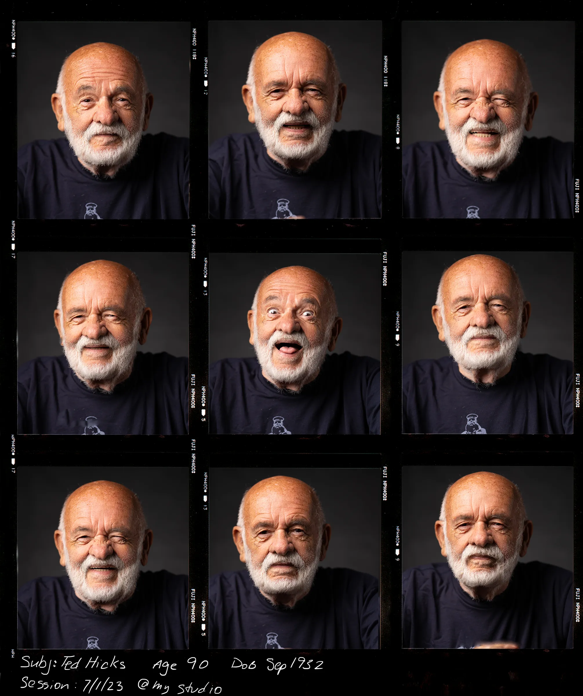 contact sheet of headshots of 90 year old man